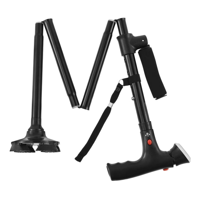 NUAHRHY Bâton de Marche avec Lumière DEL et Alarme SOS Canne de Marche Pliable Canne de Marche à Double Poignée Hauteur Ajustable Base Antidérapante pour Hommes Femmes Maison Randonnée