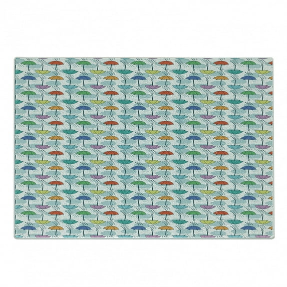 Umbrella Cutting Board, Parasol Pattern in the Rain Cartoon Style Colorful Motifs in Cloud Cumulus Design, Decorative Tempered Glass Cutting and Serving Board, in 3 Sizes, by Ambesonne