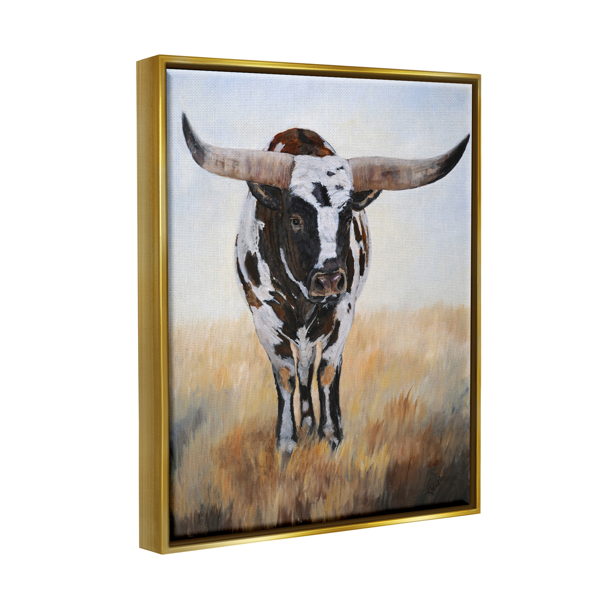 Stupell Spotted Longhorn Cattle Painting Animals & Insects Painting Gold Floater Framed Art Print Wall Art