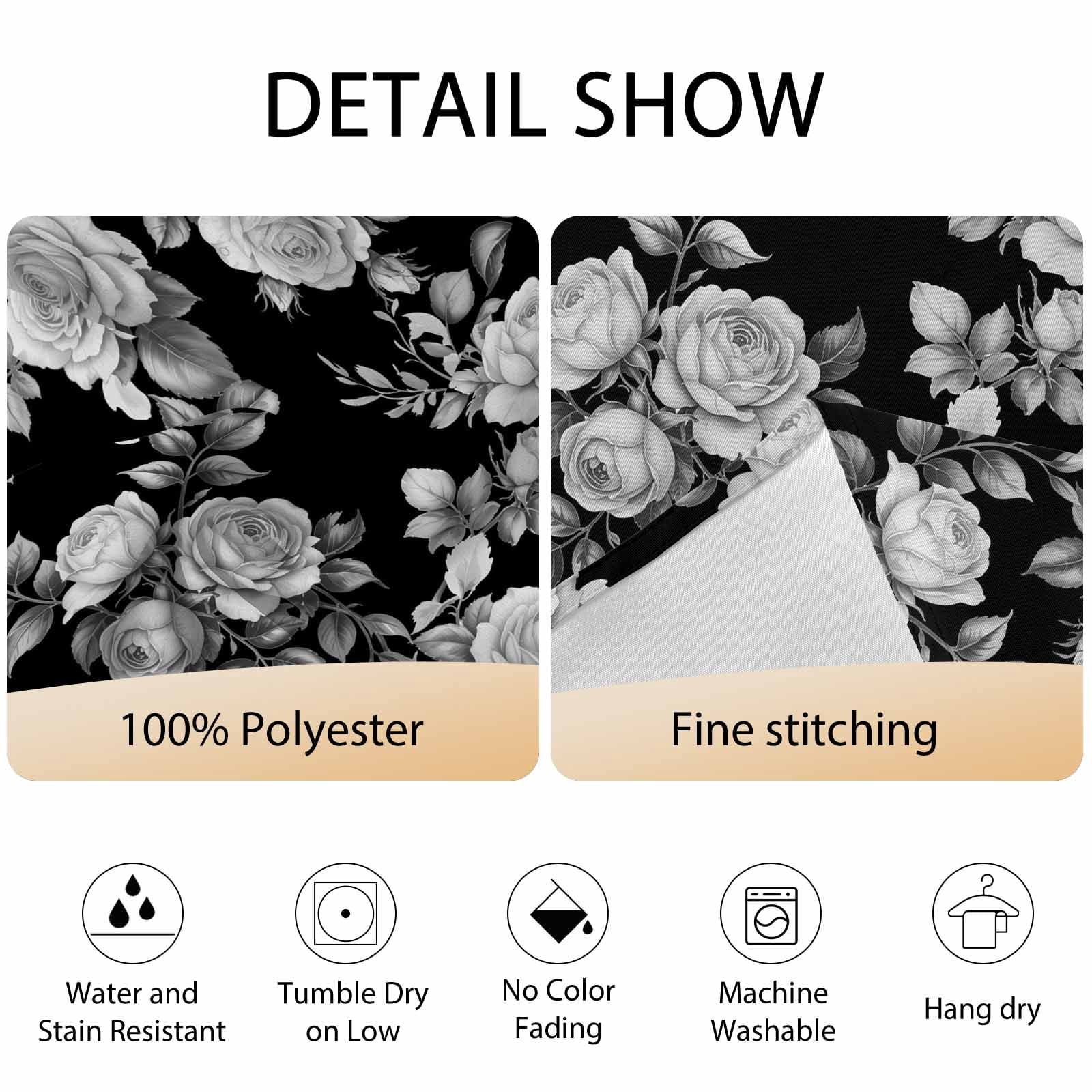Round Tablecloth Black Floral Rose Waterproof Oil Proof Polyester Table Cloth Cover Decor for Home Dining Outdoor,Patio,Parties, 60" Dia. Vintage Leaf Flower