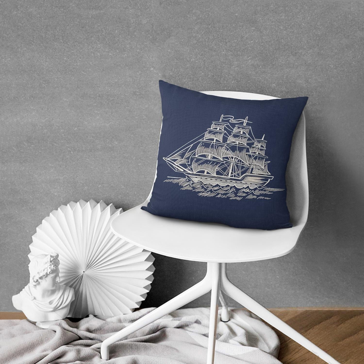 Blue Compass Anchor Sailboat Pillow Cases 16x16, Set of 2, Coastal Sailing Navigation Throw Pillow Cases, Ocean Theme Decorative Cushion Covers for Couch Sofa Living Room Home