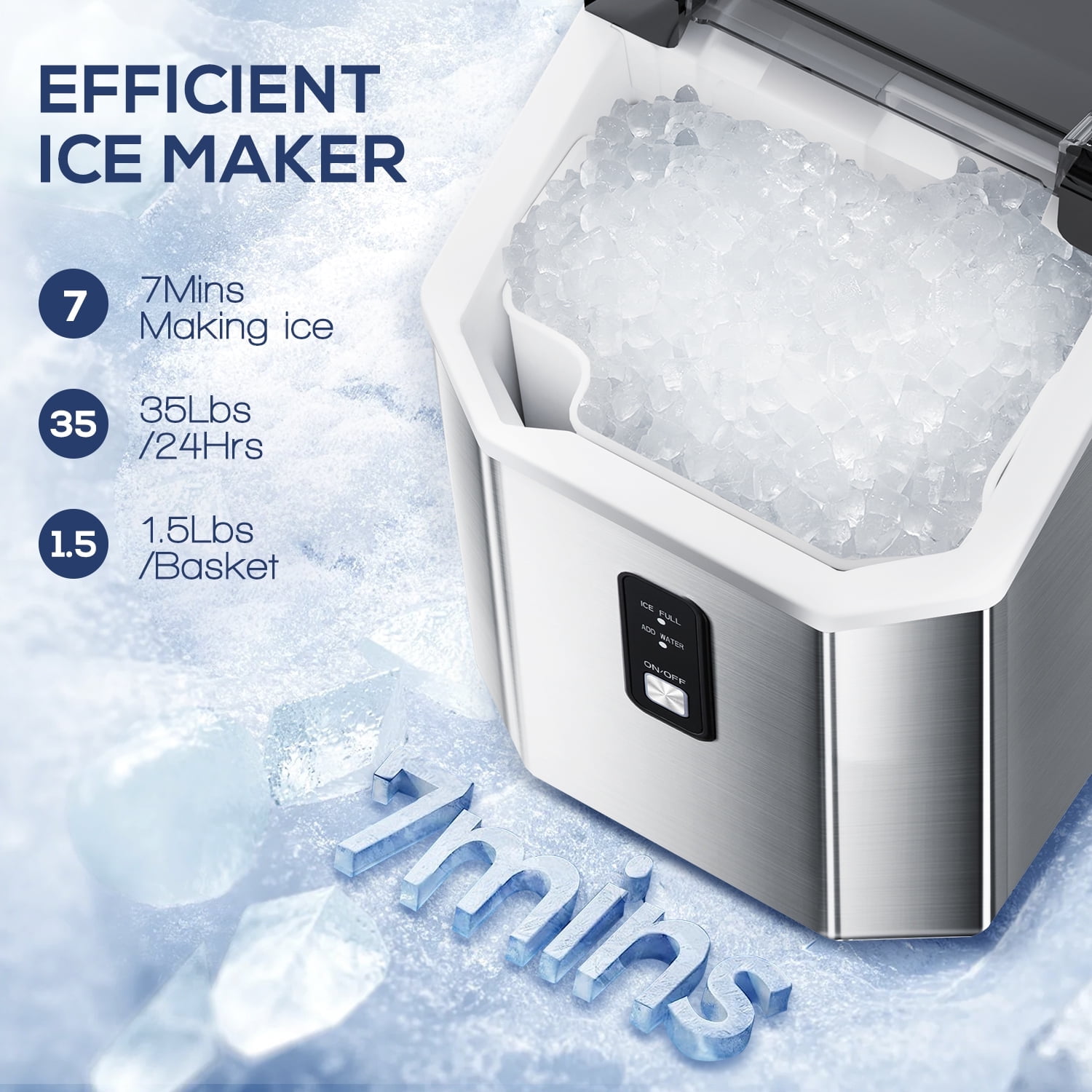 Moifoi Countertop Ice Maker, Nugget Chewable Soft Ice, 34 lbs/24 H, Self-Cleaning, Portable/Compact, Basket & Scoop, Silver