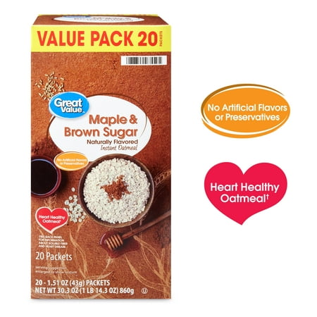 (2 Pack) Great Value Maple & Brown Sugar Instant Oatmeal, 1.51 oz, 20