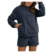 Bulingna Female Pajama Suit, Solid Color Long Sleeve Hooded Tops+ Short Pants