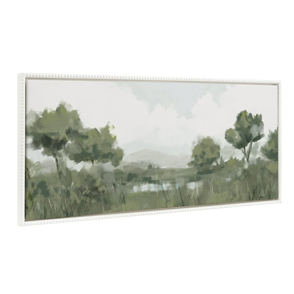Kate and Laurel Sylvie Beaded Shades of Olive Vintage Framed Canvas Wall Art by Mary Sparrow, 18x40 White, Modern Abstract Tree Landscape Art for Wall