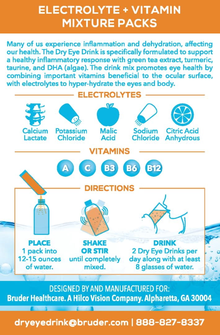 The Dry Eye Drink Orange Flavor l Ultimate Hydration for Dry Eyes l Sugar-Free Electrolyte Powder Packets l Blended with Vitamins, Green Tea, Turmeric, Taurine, and DHA l 5g x 20 Packets