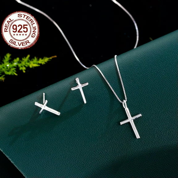 Fine 925 Sterling Silver Glossy Jewelry Set Cross Pendant Necklace and Earrings