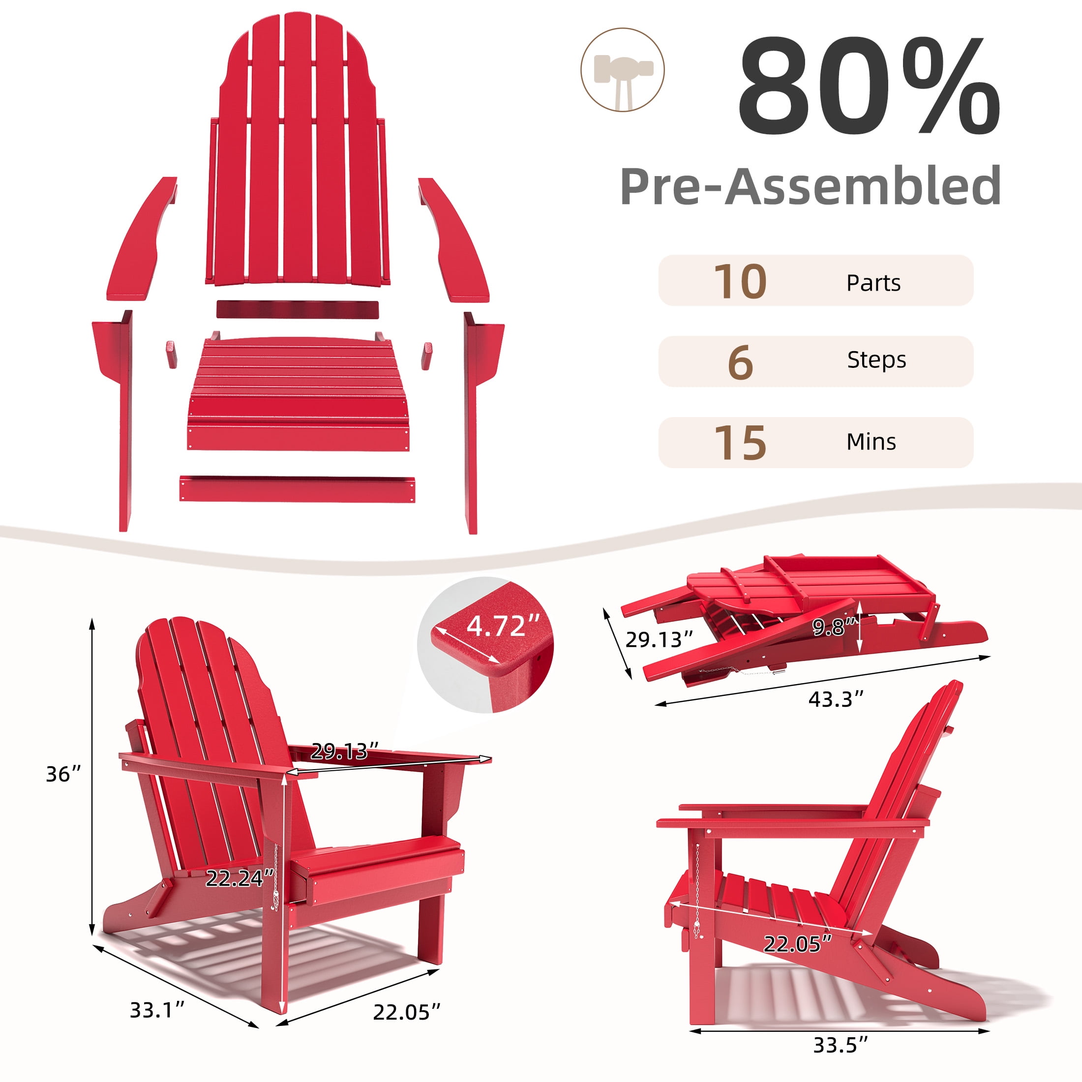 Erinnyees All-Weather Adirondack Chair,Folding Adirondack Outdoor Chair with Wooden Textured for Patio,Garden,Backyard and Lawn,Red