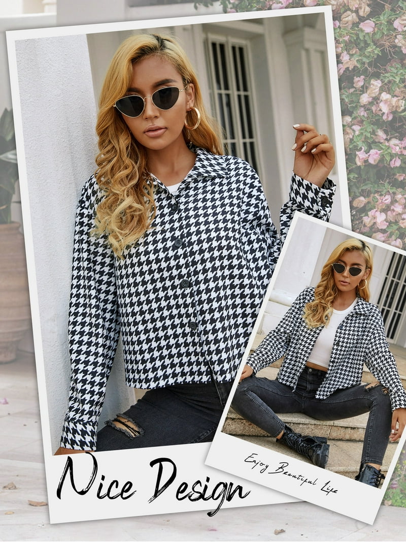 HUBERY Women Houndstooth Graphic Lapel Collar Button Down
