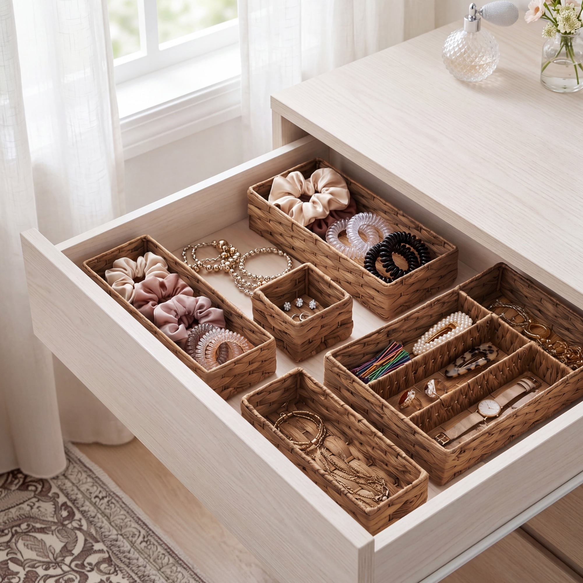 Best Choice Products 5PC Flatware Organizer Set, Woven Modular Silverware & Utensil Drawer Organizer Trays - Chestnut
