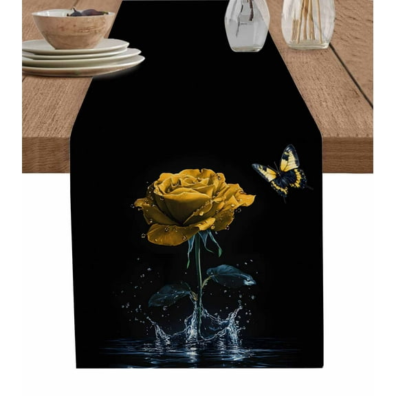 Boanket Yellow Roses Table Runner - 60 Inch Long, Kitchen Dining Table Runner Dresser Scarves, Modern Art Splash Flowers Butterfly Farmhouse Decor for Coffee Tables Wedding Party Banquet