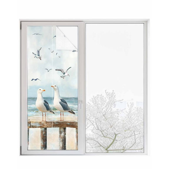 Window Privacy Film Coastal Seagull Stained Glass Window Film Decorative Sun Block Window Cover Summer Beach Ocean Birds Retro Window Clings Static Adhesive Sticker for Bathroom 23.6"x59"