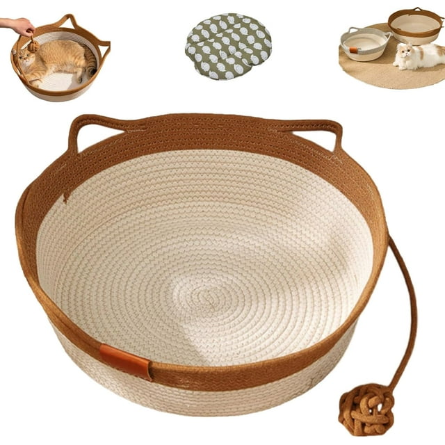 Cutypet Cat Basket, Snack Box Bed,Cotton Rope Woven Round Bed Basket With Built-In Teasing Ball, Hand Toy Tail And Detachable Pad Pet Sleeping Cats Baskets For Indoor(Brown, Small)