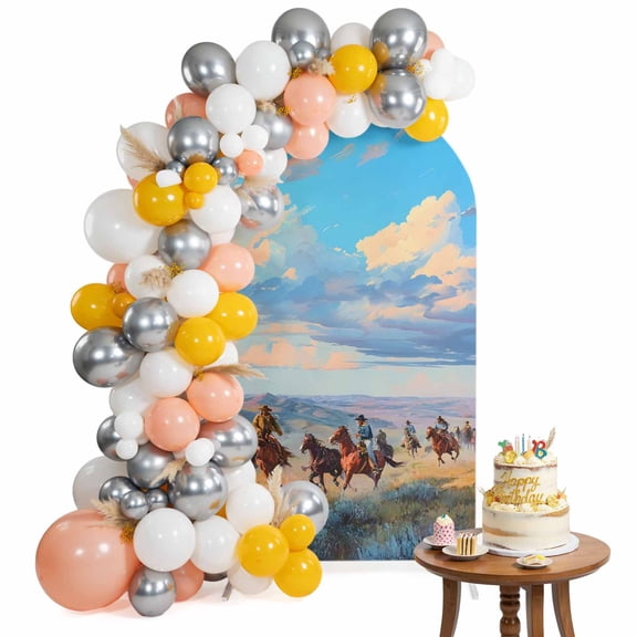 Western Cowboy Horse Arch Backdrop Cover 6 Ft Vintage Grassland Scenery Ethnic Spandex Fitted Stretchy Arch Cover, Round Top Chiara Backdrop Cover for Wedding Birthday Baby Shower