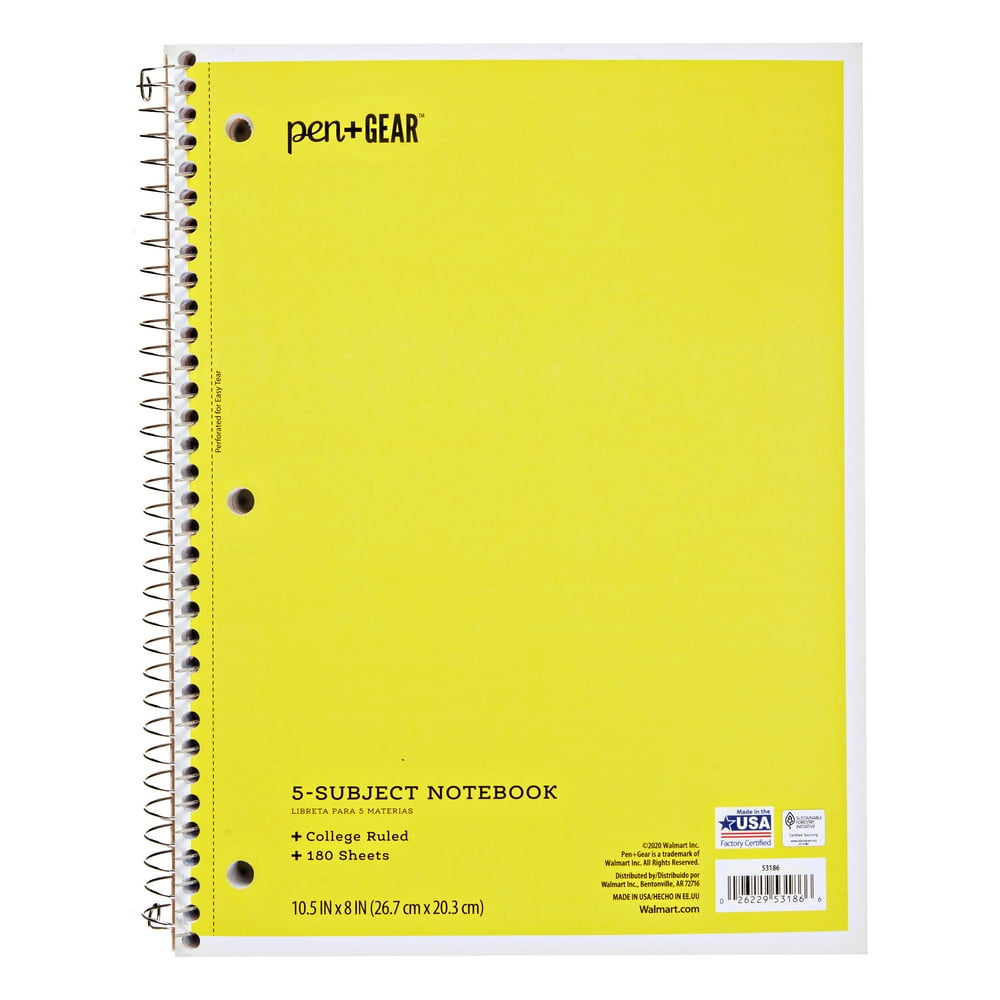 Pen + Gear 5Subject Spiral Notebook, College Ruled, 180 Pages, Yellow