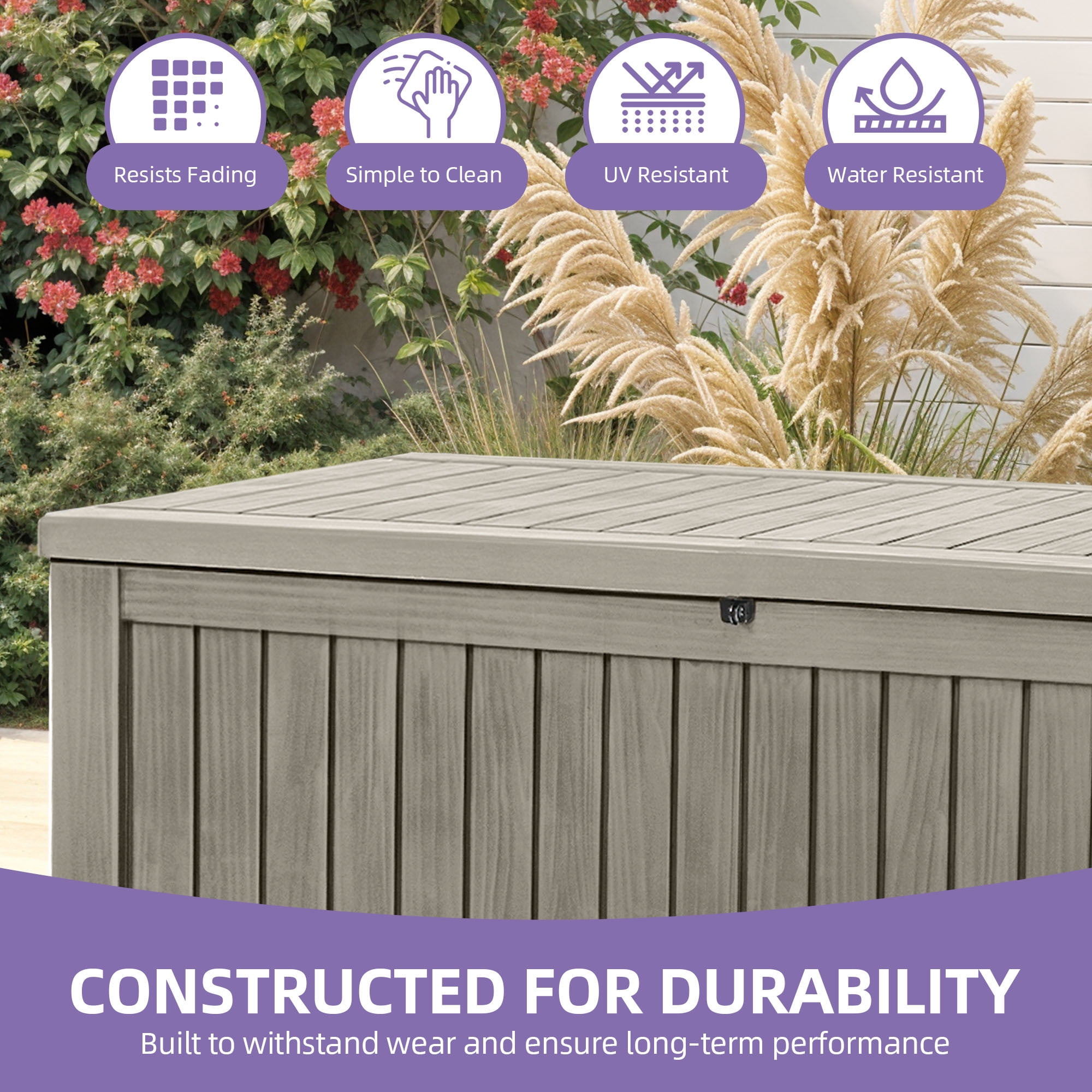Dextrus 180 Gallon XL Resin Deck Box, Light Brown Waterproof Lockable Outdoor Storage Box with Removable Divider, Large Patio Organizer for Cushions, Garden Tools, Sports Gear and Pool Supplies