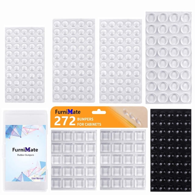 Topes adhesivos para puertas de gabinete FURNIMATE, 272 piezas, transparentes y negros