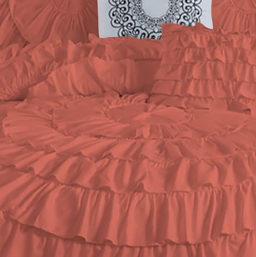 D.N.G. BEDDINGS 100% Egyptian Cotton 5 Piece Circle Ruffle Comforter Set with 1 Freebie Ruffle Pillow | 550 GSM Filled Microfiber - Super King Size, Brick Red Color - 800 Thread Count
