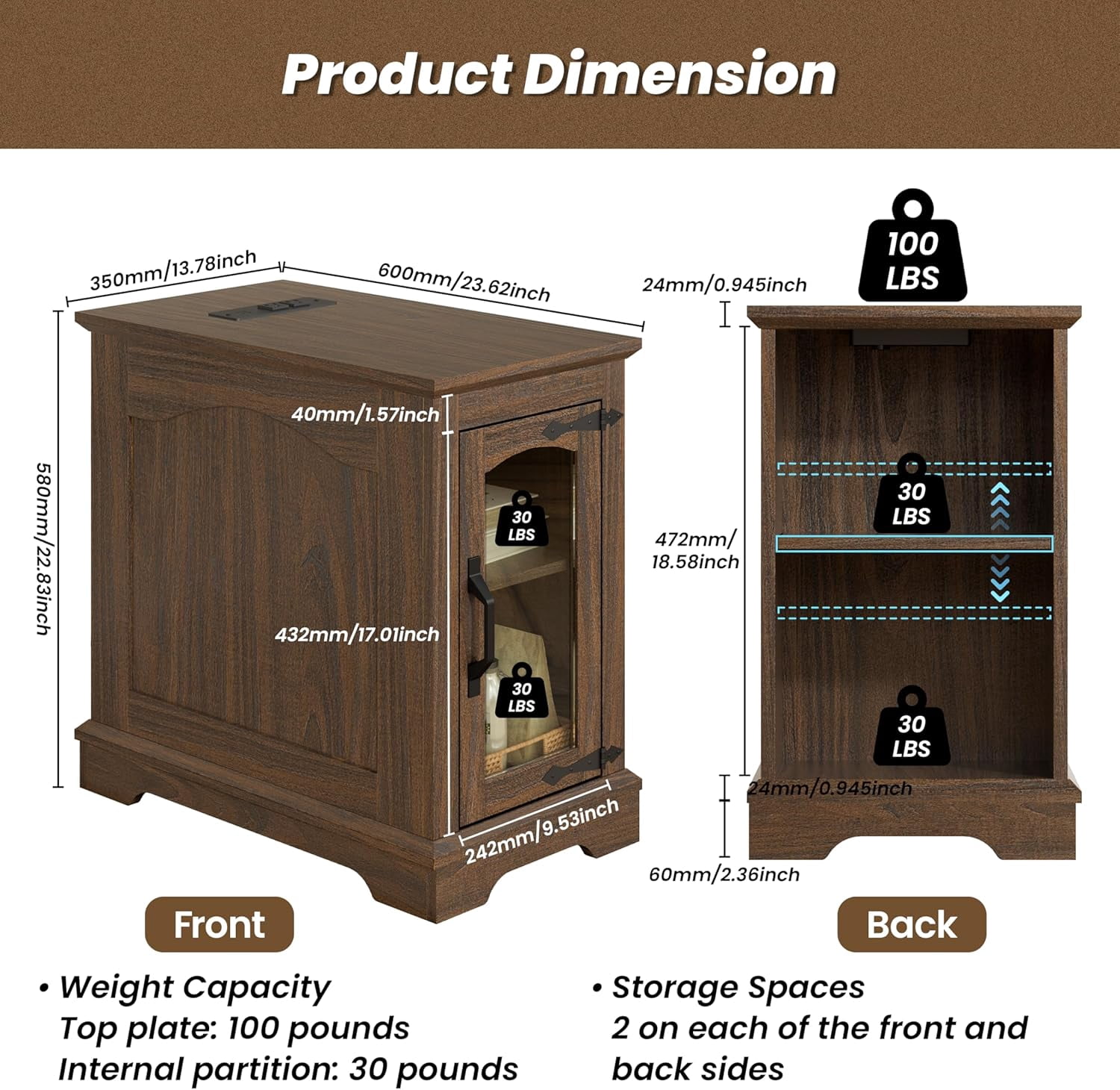 (2 pack) RTC GROUP Narrow Farmhouse End Table with Charging Station, Bedside Table with Storage Cabinet, 2 AC Outlets & 2 USB Ports, Side Table for Bedroom, Living Room, Couch or Sofa, Walnut