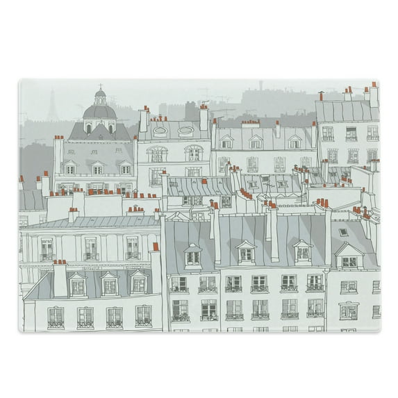 Paris Cutting Board, Aerial View Illustration of Roofs Attics of Paris City European Buildings, Decorative Tempered Glass Cutting and Serving Board, Large Size, Pale Grey Orange White, by Ambesonne