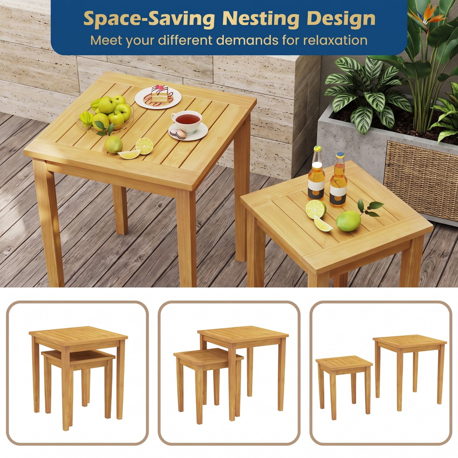 Furnibear Set of 2 Teak Wood Outdoor Patio Nesting Side Tables Space Saving End Tables for Backyard and Poolside, Natural