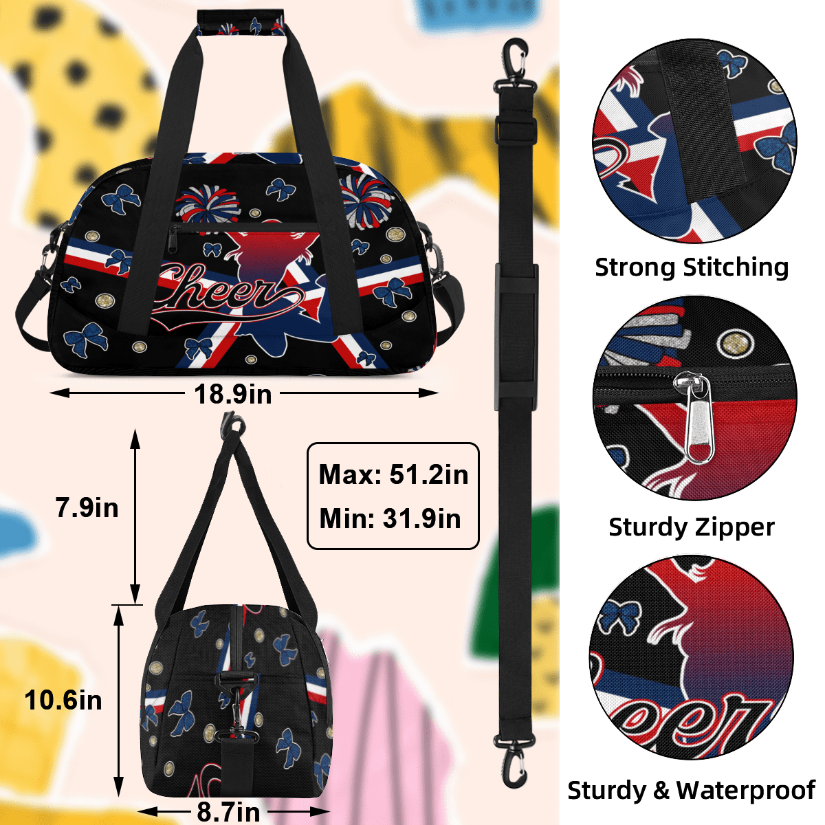 Herdesigns Cheerleader Bags Overnight Duffel Bags Cheer Red Blue Sport Gym Bag Travel Bag Travel Waterproof Weekender Bag Carry On Travel Tote Bag Dance Bags