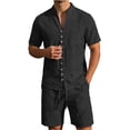 thumbnail image 2 of Short Sets for Men Cotton Linen Short Sleeve Button V Neck Stand Collar Shirt and Shorts 2 Piece Matching Set Summer Outfits, 2 of 5