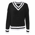 thumbnail image 4 of BODOAO Sweaters for Women Oversized V Neck Varsity Stripe Knit Pullover with Long Sleeves Preppy Casual Top for Fall Winter College Style and Weekend Outfits Black L, 4 of 4