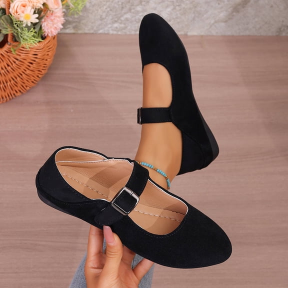 Xucatan Women's Fashionable Mary Jane Flats with Suede-Like Finish, Round Toe Slip-On Loafers with Adjustable Metal-Buckle Strap, Cushioned Insole Comfortable Flat Shoes