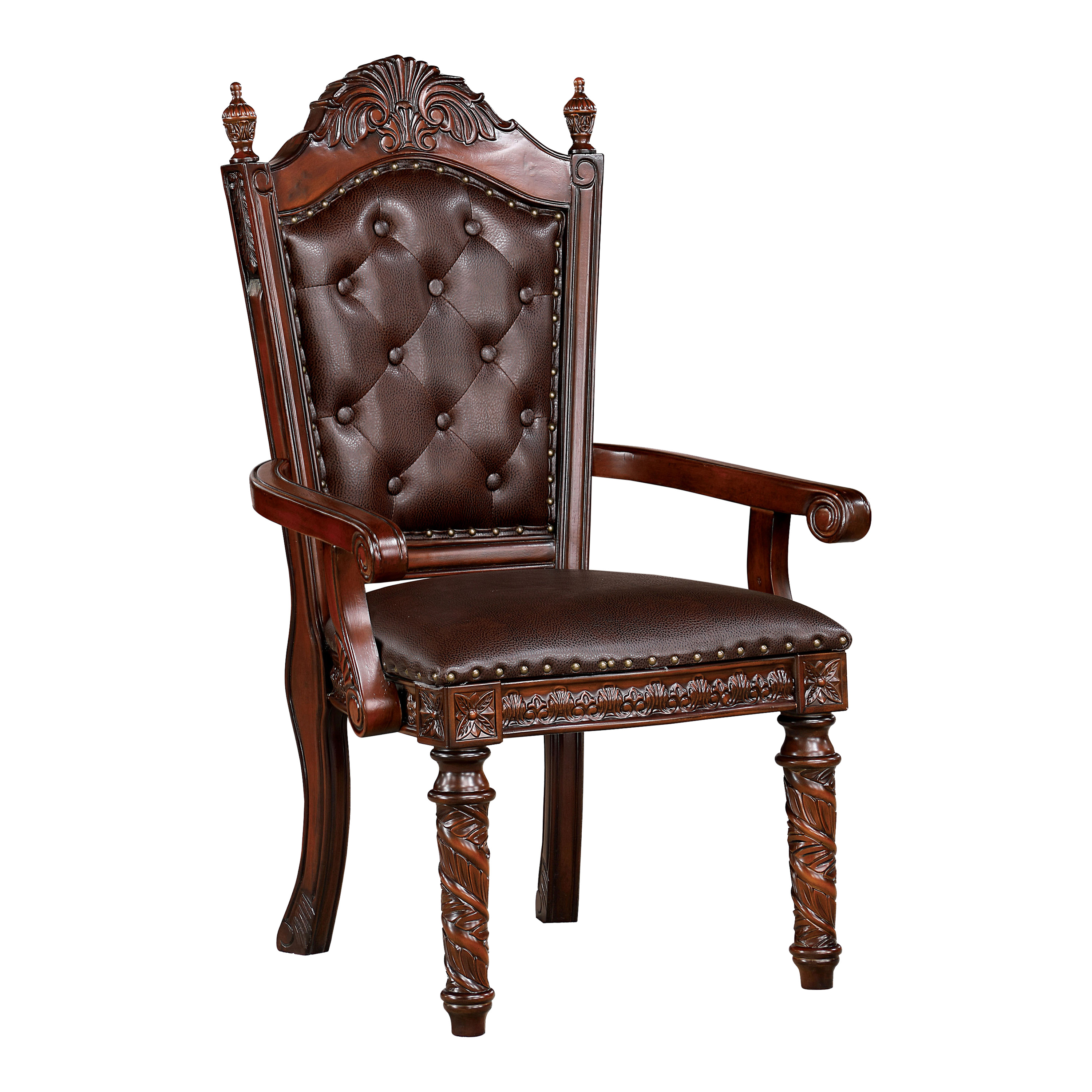 Furniture of America Rukia Tufted Indoor Faux Leather and Wood Brown Cherry Arm Chairs (Set of 2)