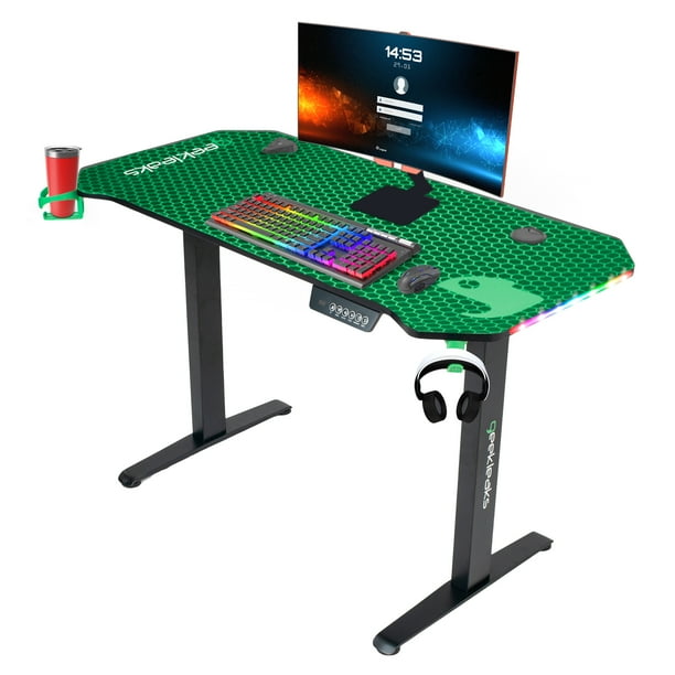 Escritorio Gamer De Altura Ajustable de Fibra de Carbono con Luces LED RGB Ganchos para Audifonos y Portavasos (Color Negro/Verde)