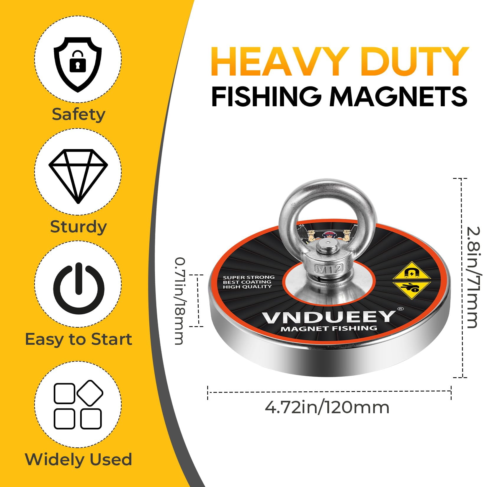 VNDUEEY Magnet Fishing Kit 1500 LBS Pull Force, Strong Neodymium Fishing Magnets with Durable 65 FT Rope, Gloves, Locking Carabiner, Threadlocker - Powerful Magnets for Fishing and Underwater Salvage