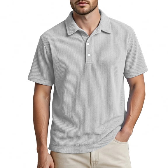 IWRICH Men's Corduroy Knit Polo Shirts Short Sleeve Casual Textured T Shirt Summer Ribbed Collared Shirts White XL