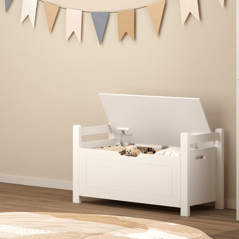 White Kids Toy Storage Chest with Cushioned Seat & Slow Safety