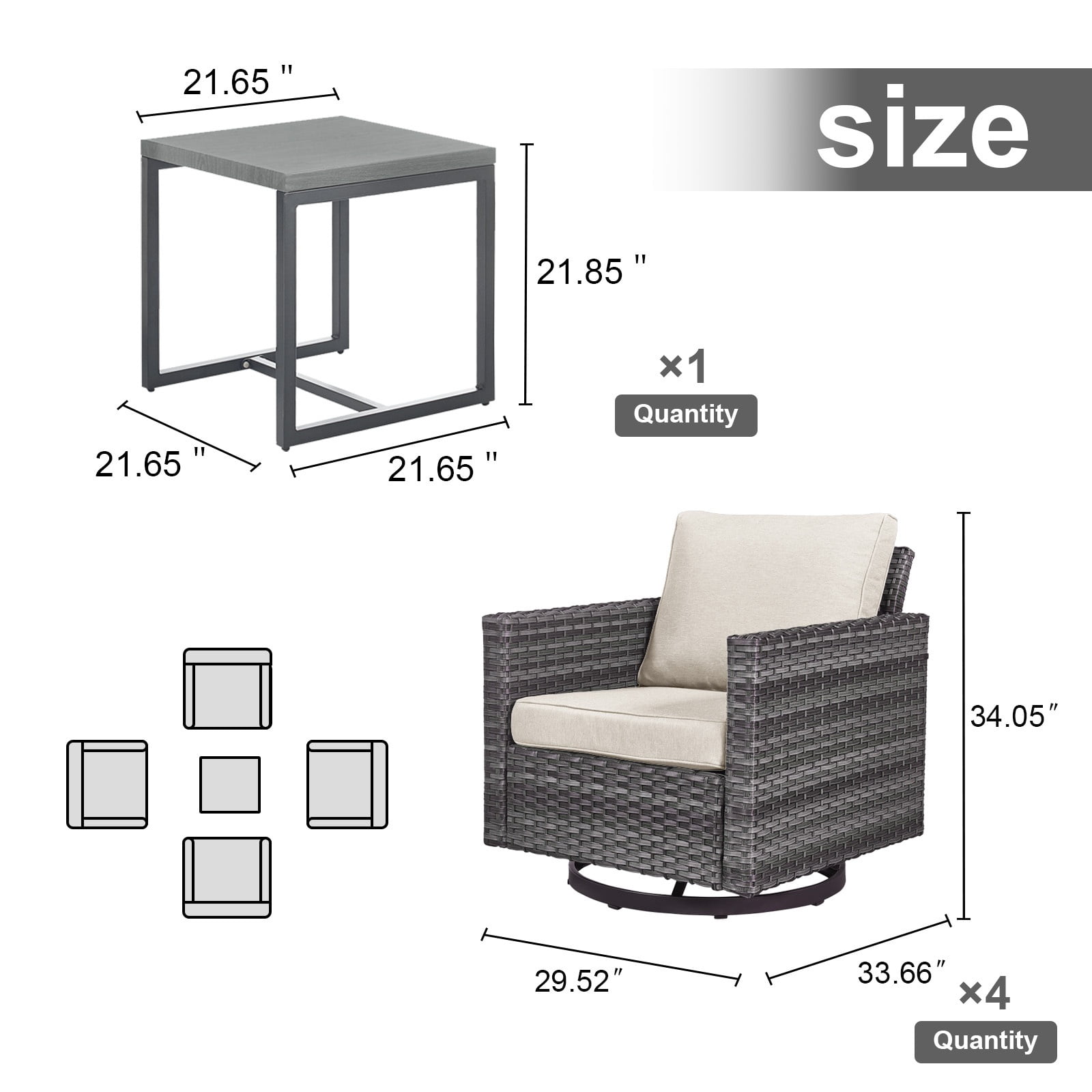 Bellefurn Wicker Outdoor Patio Furniture Set - 5 Piece Outdoor Conversation Set with 4 Patio Swivel Rocker Chairs and 1 Side Table,for Outside Porch Deck Backyard