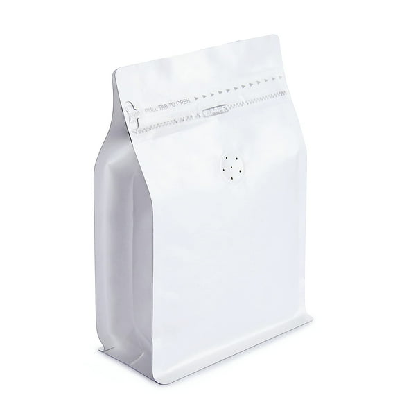 White Kraft Paper Stand Up Coffee Bag/Flat Bottom Coffee Pouch with One Way Degassing Valve and Reusable Side Zipper(Pull Tab to Open) (8oz, 0.5lb, 50 Pieces)