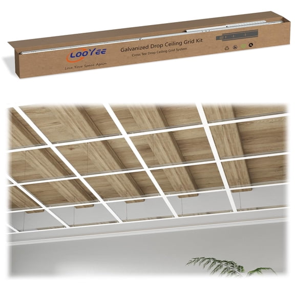 LooYee Drop Ceiling Grid System, Complete Set White Galvanized Steel Grid Kit Rust & Fire Resistance Easy Installation for Basement Living Room Kitchen Bathroom Cover 64 Sq.Ft