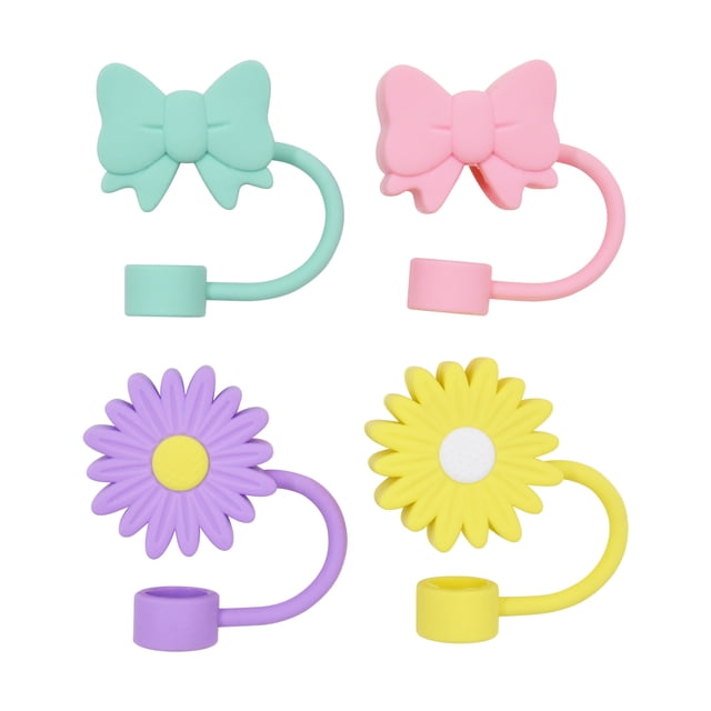 Mainstays 4-Pack Plastic Straw Topper Set, Cute Bows & Sunflowers, Reusable, Multi-Color