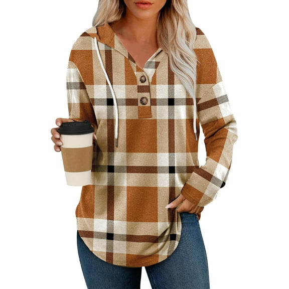 Lumtrix Plaid Pullover Hoodies for Women Fall Long V Neck Sweatshirt Comfy Casual Oversized Hoodies Pullover Winter Tops Saffron L