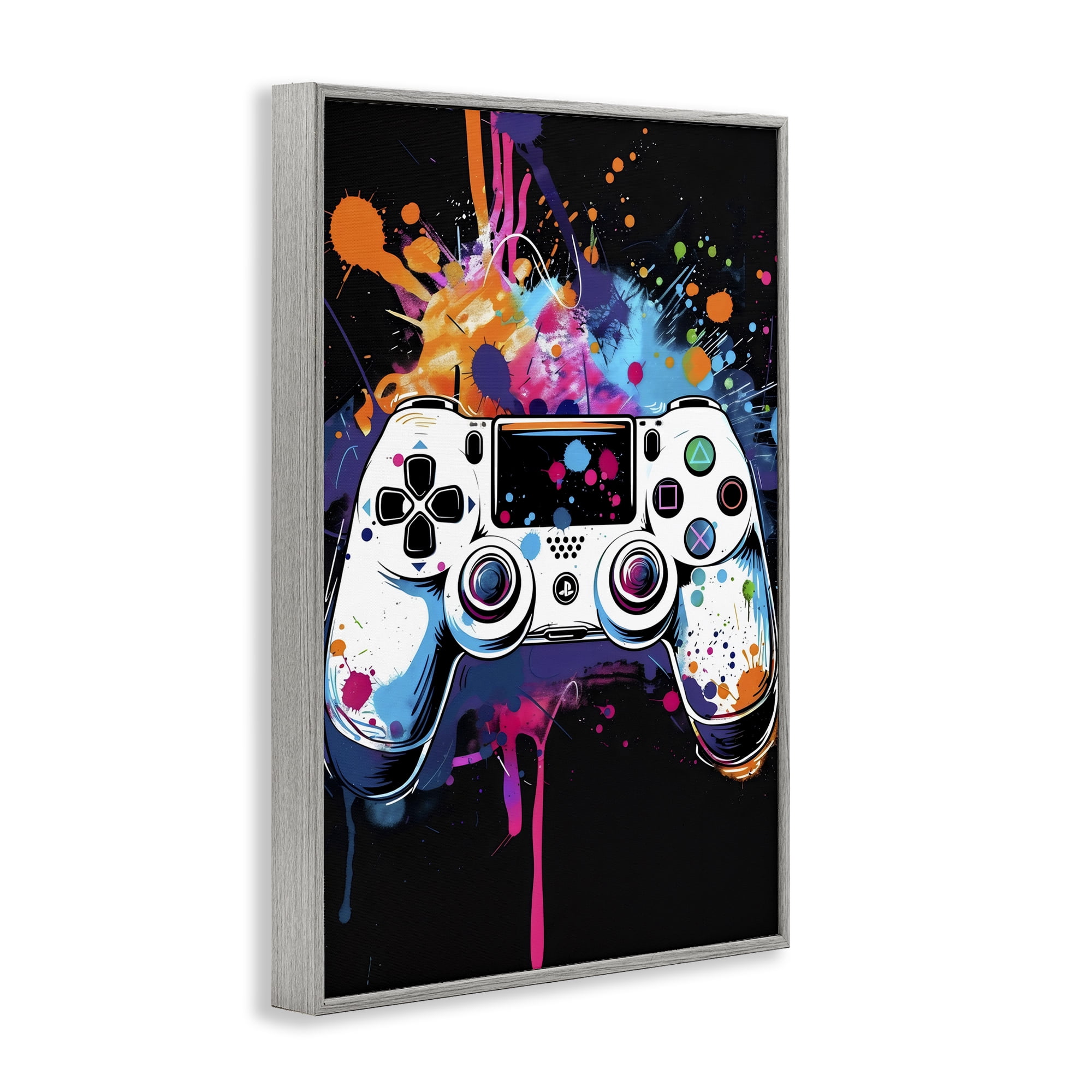 Stupell Industries Controller Contrast with Neon Splatter Gray Framed Giclee Art, design by Creative Studio