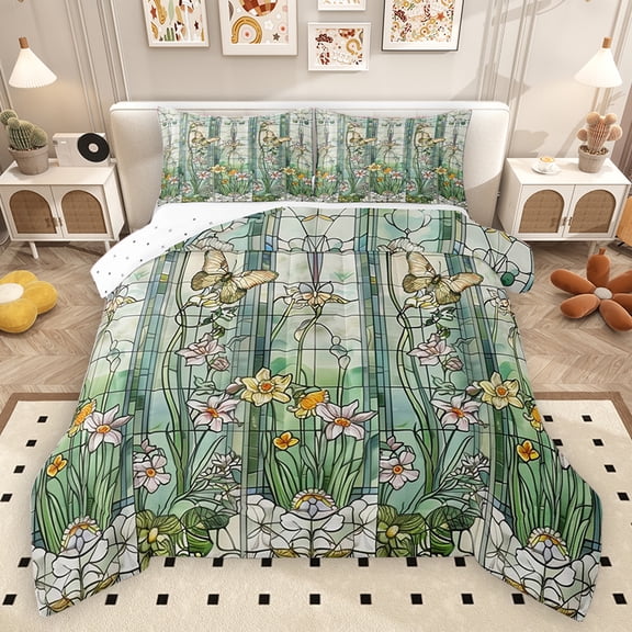 Homewish Farmhouse Flower Floral Bedding Comforter Set, Hippie Rustic Butterfly Twin Comforter Sets, Vintage French Style Reversible Bedding Set, Breathable Home Decor, 2-Piece