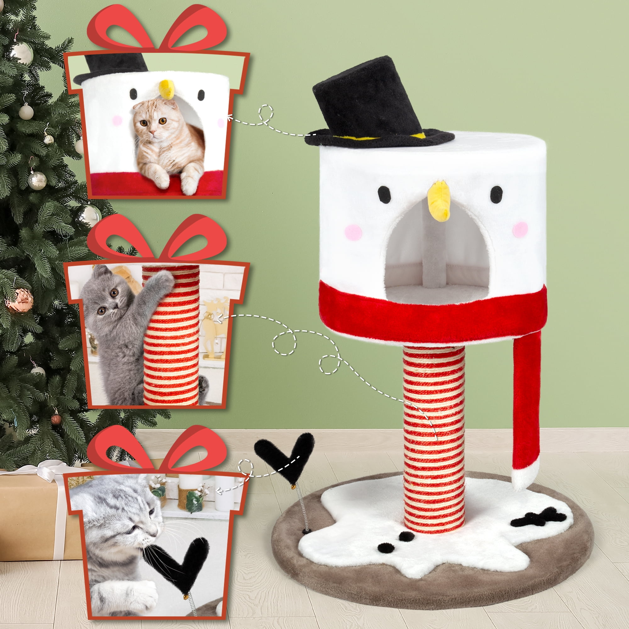 LHBCraft Christmas Cat Tree, 35" Multi-Level Cat Tower with Cat Condos, Top Perches, Sisal Ramp Scratching Posts, Cozy Basket, Hammocks, Large Cat Pet Activity Structure