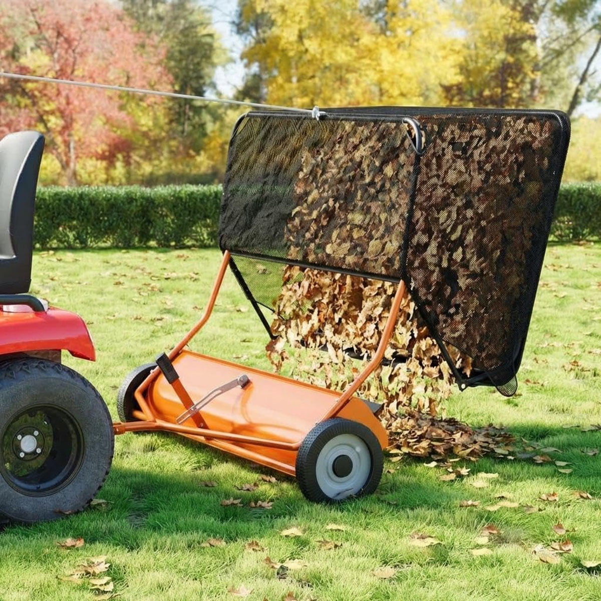 Ataucjin 52" Tow-Behind Lawn Sweeper，27 cu.ft. Large-Capacity Pull-Behind Grass & Leaf Collector, Heavy-Duty Adjustable Height, Dumping Rope Design for Easy Debris Disposal, Fits Tractors & ATVs