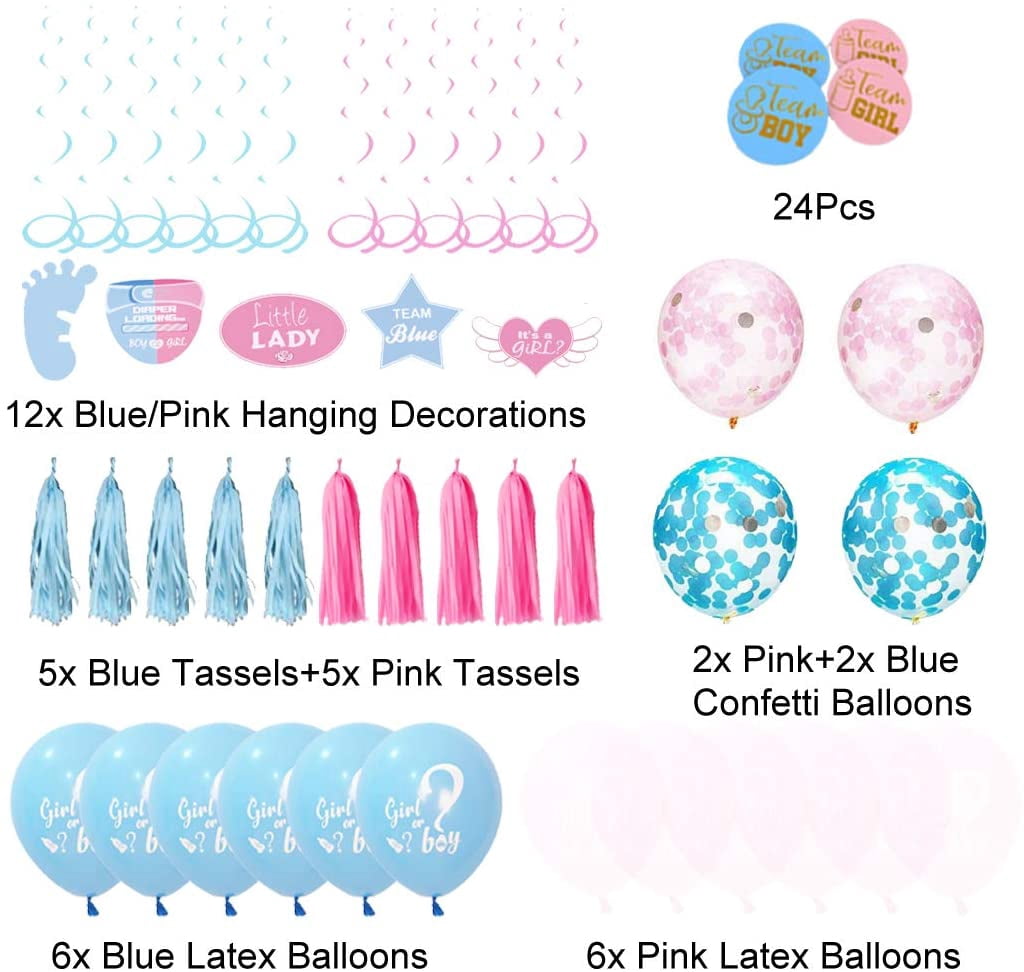 Gender Reveal Party Supplies Kit Blue and Pink (97 Pieces) Baby Boy Or Girl  Gender Reveal Decorations Include Jumbo Confetti Balloon, Assorted Pink and Blue Gender Reveal Balloons, Pink and Blue Tin