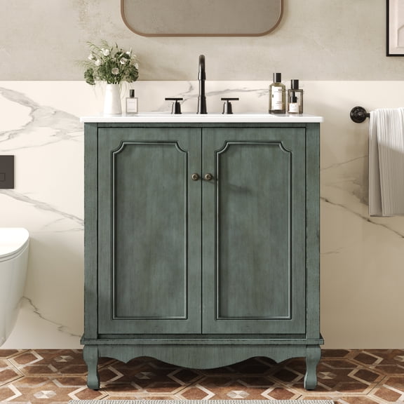 YINGYING 30" Bathroom Vanity with Sink, Vintage Wooden Bathroom Cabinet with Antique Pulls, Bathroom Storage Cabinet with Rubber Wood Legs & Adjustable shelves