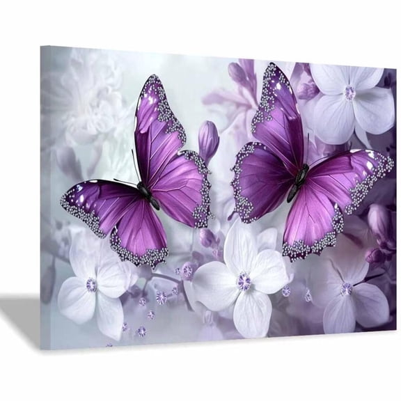 Mudket Framed Floral Canvas Wall Art Purple Butterfly White Lilac Flower Prints Wall Decor Elegant Botanical Canvas Print Ready to Hang for Bedroom Living Room Home Decor - 12"L x 8"W
