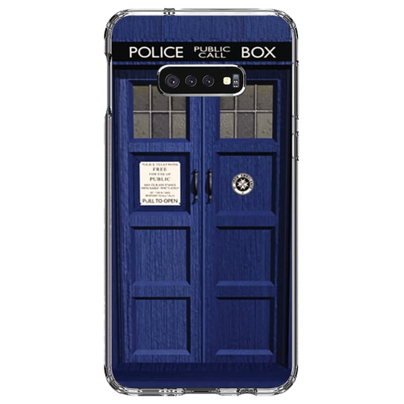 DistinctInk Clear Shockproof Hybrid Case for Samsung Galaxy S10e (5.8" Screen) - TPU Bumper, Acrylic Back, Tempered Glass Screen Protector - London Police Call Box TARDIS