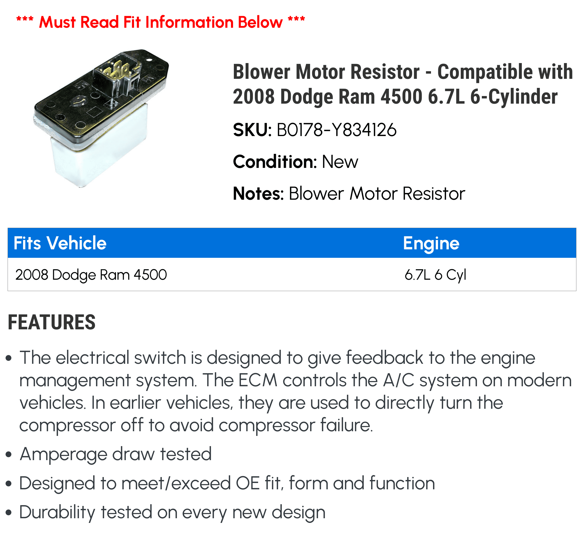 Blower Motor Resistor - Compatible with 2008 Dodge Ram 4500 6.7L 6-Cylinder
