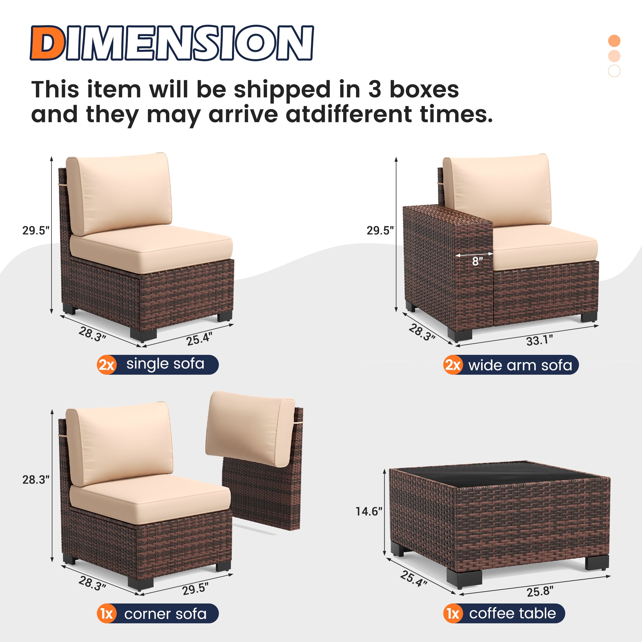 Techmilly 6-Piece Patio Furniture Set, Outdoor Patio Sofa Set With Wide Armrest, All-Weather Wicker Rattan Guest Set With Cushion And Glass Table And Waterproof Cover, Brown & Khaki