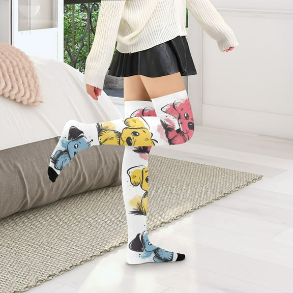 Colorful Doodle Dogs Womens Thigh High Stocks Over Knee High Socks Thigh Tigh Boot Stockings